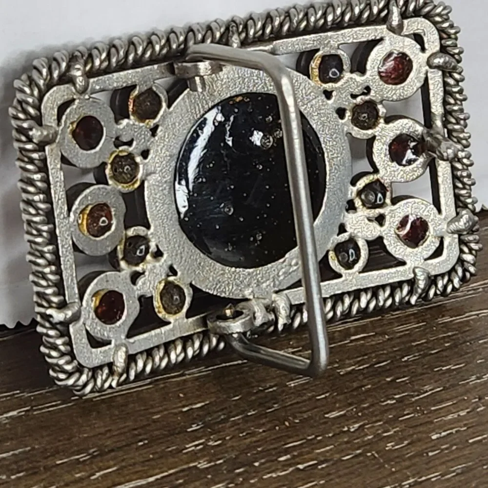 Vintage Rhinestone Black Enamel Inlay Shriners Masonic Silver Tone Belt Buckle